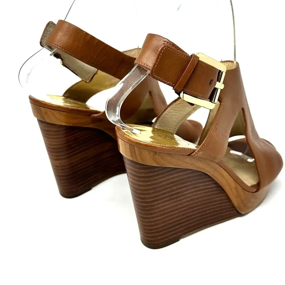 MICHAEL Michael Kors Leather Platform Wedge Sandals Brown Size 7M